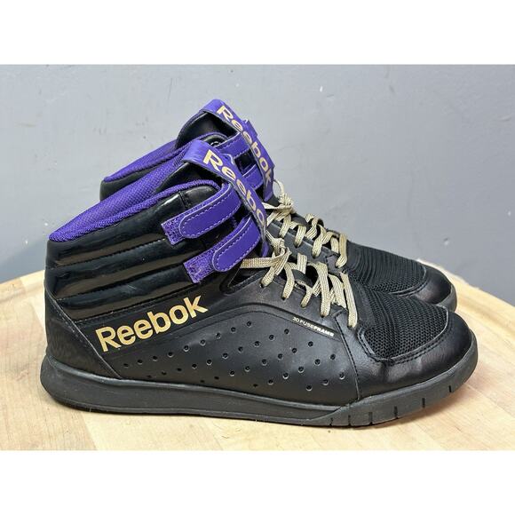Reebok Classics Freestyle Hi High Top Black Purple Leather Womens 8 Hip Hop - Picture 1 of 10